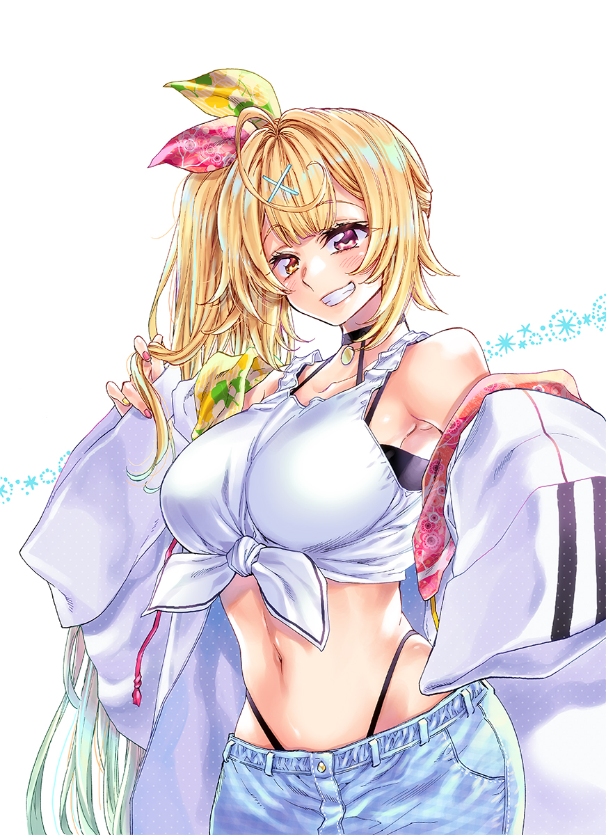 :d black_bra black_panties blonde_hair bra breasts choker crop_top hair_ornament heterochromia highleg highleg_panties highres hoshikawa_sara jacket_on_shoulders long_hair long_sleeves nijisanji open_mouth panties red_eyes shirt shorts side_ponytail simple_background smile takanashi_ringo tied_shirt underwear virtual_youtuber x_hair_ornament yellow_eyes