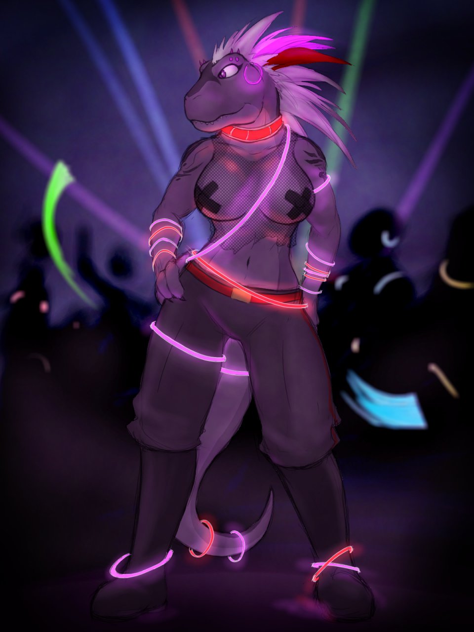 2014 3:4 anthro biped boots bottomwear breasts clothing collar digital_media_(artwork) dinosaur drake_tigerclaw female fishnet fishnet_topwear footwear front_view glowstick grey_body grey_scales grey_tail hair hand_on_hip hi_res horn navel nipple_tape pants pasties purple_eyes rave red_horn reptile scales scalie solo standing tape tattoo theropod tyrannosaurid tyrannosaurus tyrannosaurus_rex vasha_vinodragova white_hair