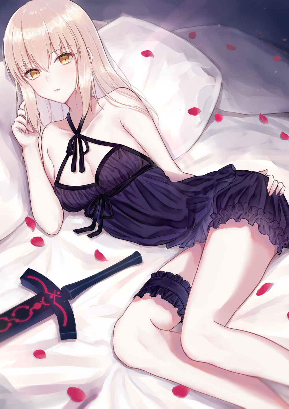 1girl artoria_pendragon_(all) bangs bare_shoulders bed_sheet black_dress blonde_hair blush breasts collarbone dark_excalibur dress fate/stay_night fate_(series) highres leg_garter long_hair looking_at_viewer lying meltymaple on_side pale_skin parted_lips petals pillow saber_alter short_dress small_breasts solo sword thighs weapon yellow_eyes