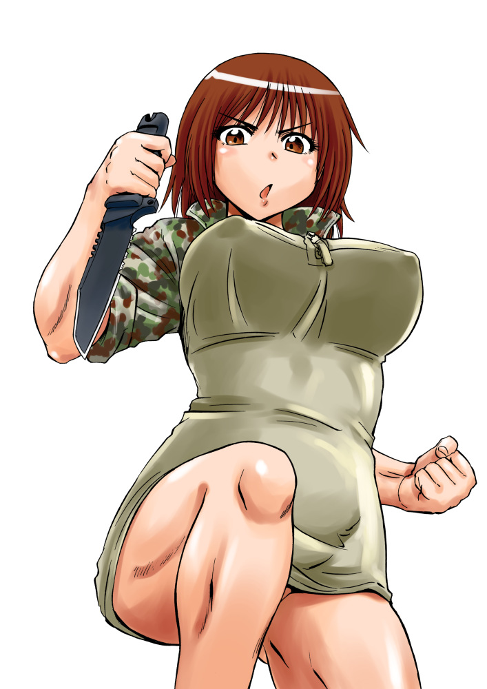 1girl breasts brown_eyes brown_hair camouflage_shirt clenched_hand combat_knife commentary_request covered_nipples gate_-_jieitai_ka_no_chi_nite_kaku_tatakaeri holding holding_knife holding_weapon knife kuribayashi_shino large_breasts naked_shirt reverse_grip sao_satoru shirt sleeves_pushed_up solo taut_clothes taut_shirt weapon white_background zipper_pull_tab