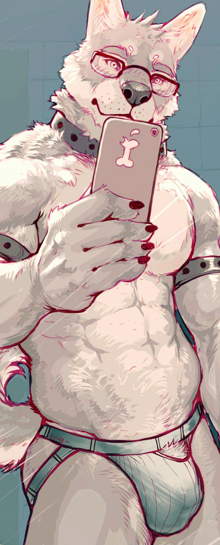 5_fingers abs anthro armband bulge canid canine canis cellphone claws clothed clothing collar domestic_dog eyewear fingers fur glasses hi_res holding_cellphone holding_object holding_phone jockstrap male mammal muscular muscular_male pecs phone pockyrumz solo topless underwear