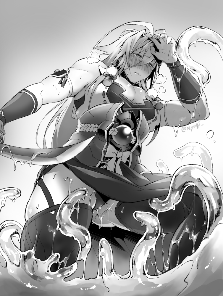 1boy antenna_hair black_legwear blush greyscale japanese_clothes katana long_hair male_focus monochrome nyagi pectorals sengo_muramasa_(touken_ranbu) sweat sword tentacles thighhighs touken_ranbu underwear weapon