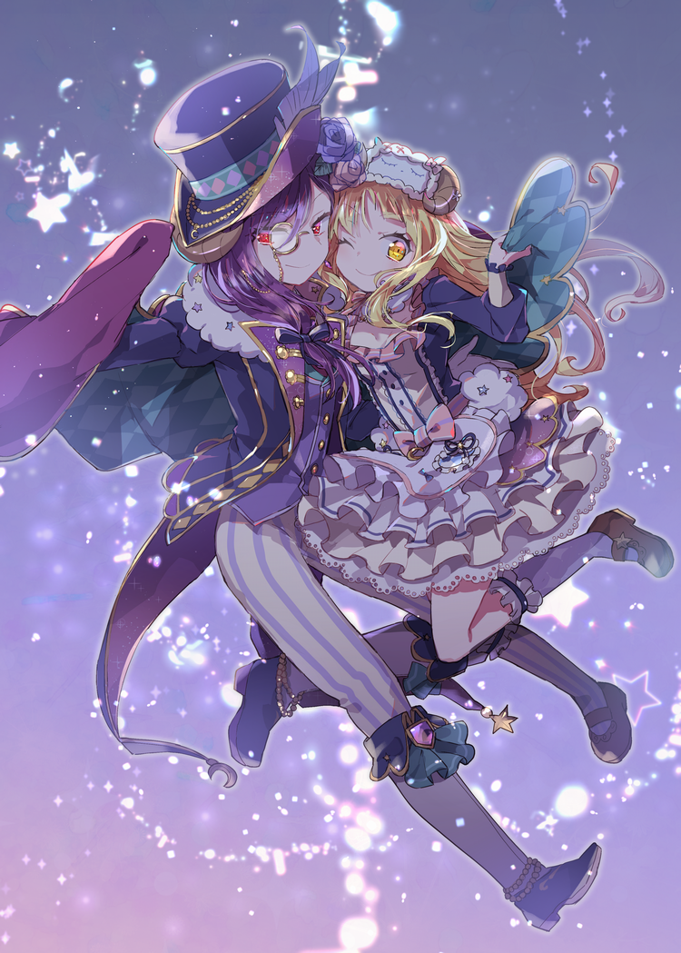 2girls ;) bang_dream! bangs blonde_hair blue_bow blue_flower blue_rose boots bow cape cape_hold dress flower frilled_dress frilled_legwear frills fur_trim hair_bow hair_flower hair_ornament hair_over_shoulder hat hat_feather horns juliet_sleeves knee_boots kneehighs long_hair long_sleeves looking_at_viewer mary_janes mask mask_on_head monocle multiple_girls one_eye_closed oto_(rozeko) pants pink_bow pink_flower pink_rose puffy_sleeves purple_hair red_eyes rose seta_kaoru sheep_horns sheep_tail shoes sleep_mask smile star striped striped_pants tail top_hat tsurumaki_kokoro yellow_eyes