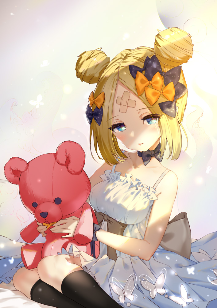 1girl abigail_williams_(fate/grand_order) bandaid_on_forehead bangs black_bow black_legwear blonde_hair blue_eyes bow breasts bug butterfly crossed_bandaids double_bun dress fate/grand_order fate_(series) forehead hair_bow insect kneehighs light_rays lincgart long_hair multiple_bows orange_bow parted_bangs parted_lips polka_dot polka_dot_bow sidelocks sitting small_breasts solo stuffed_animal stuffed_toy teddy_bear white_dress