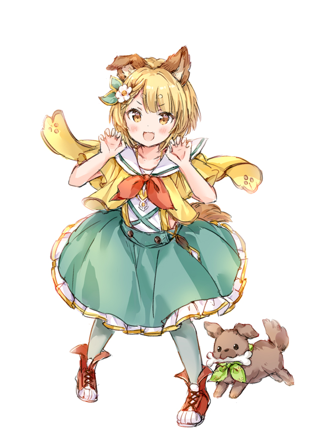 1girl :d animal animal_ears bangs blonde_hair blush bone brown_eyes cartoon_bone claw_pose collarbone commentary_request dog dog_ears dog_girl dog_tail erune eyebrows_visible_through_hair fang flower frilled_skirt frills full_body garjana granblue_fantasy green_skirt grey_legwear hair_flower hair_ornament hands_up jacket mouth_hold neckerchief open_clothes open_jacket open_mouth pantyhose red_footwear red_neckwear sailor_collar shirt shoes short_eyebrows short_hair short_sleeves simple_background skirt smile solo standing tail thick_eyebrows vajra_(granblue_fantasy) wataame27 white_background white_flower white_sailor_collar white_shirt wide_sleeves yellow_jacket
