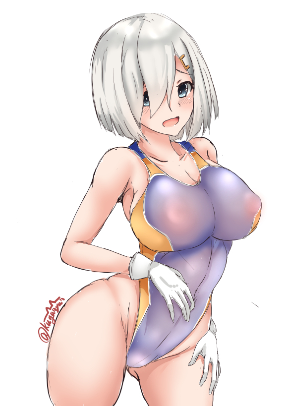 1girl ass_visible_through_thighs blue_eyes blue_swimsuit blush breasts cleavage collarbone commentary_request competition_swimsuit gloves hair_ornament hair_over_one_eye hairclip hamakaze_(kantai_collection) hand_on_thigh kantai_collection kuga_zankurou large_breasts looking_at_viewer one-piece_swimsuit open_mouth short_hair silver_hair simple_background solo standing swimsuit twitter_username upper_body white_background white_gloves