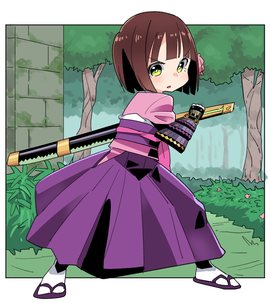 1girl armor brown_hair bushidou_(sekaiju) commentary flower green_eyes hair_flower hair_ornament hakama japanese_armor japanese_clothes katana kimono kote obi outdoors sash sekaiju_no_meikyuu short_hair solo sword tonmoh weapon zouri