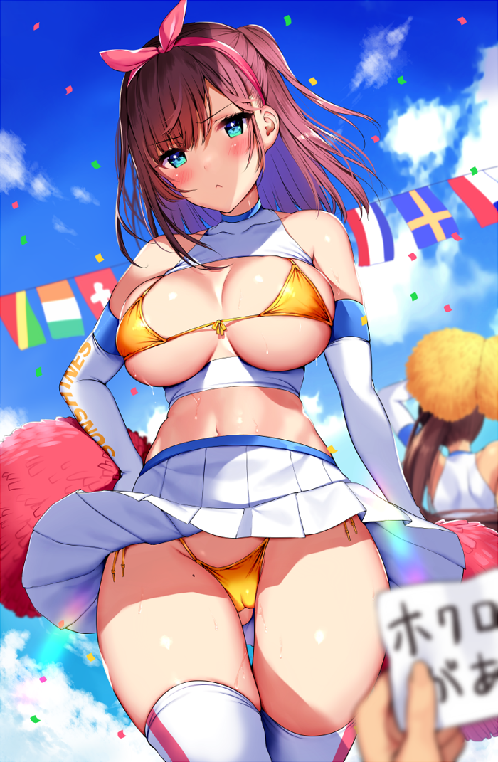 &gt;:( 2girls aqua_eyes bangs bare_shoulders blue_sky blush bra breasts brown_hair cameltoe cheerleader cleavage closed_mouth cloud commentary_request confetti day elbow_gloves eyebrows_visible_through_hair from_below frown gloves hair_ribbon hand_on_hip large_breasts long_hair looking_at_viewer looking_down matarou_(genkai_toppa) midriff mole mole_on_thigh multiple_girls navel one_side_up original outdoors panties pleated_skirt pom_poms ponytail ribbon shiny shiny_skin side-tie_panties skindentation skirt sky sleeveless solo_focus standing sweat thighhighs underwear v-shaped_eyebrows white_gloves white_legwear white_skirt yellow_bra yellow_panties