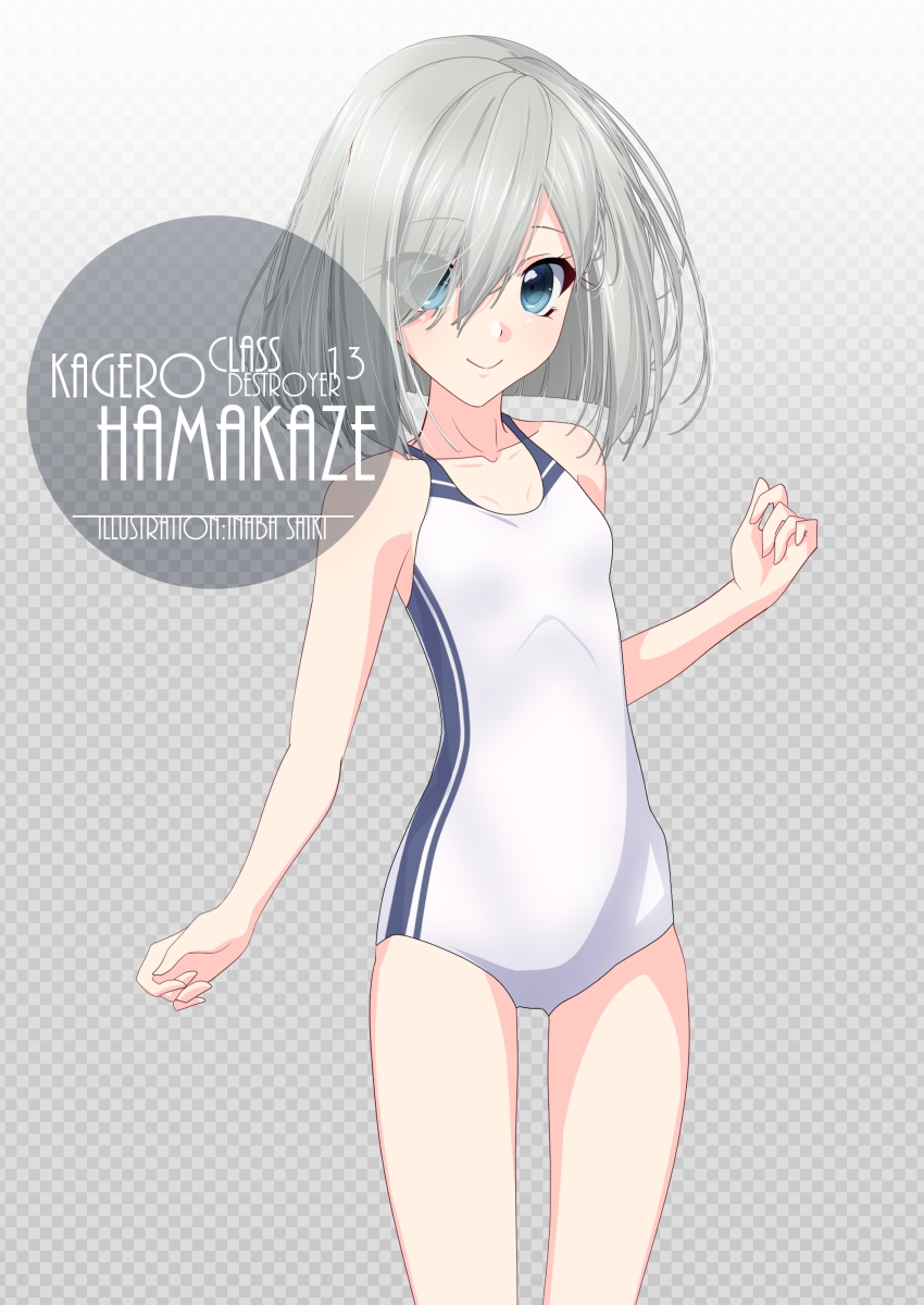 1girl alternate_breast_size artist_name blue_eyes character_name checkered checkered_background commentary_request competition_swimsuit cowboy_shot eyes_visible_through_hair flat_chest gradient gradient_background grey_background hair_ornament hair_over_one_eye hairclip hamakaze_(kantai_collection) highres inaba_shiki kantai_collection looking_at_viewer one-piece_swimsuit short_hair silver_hair solo standing swimsuit white_swimsuit