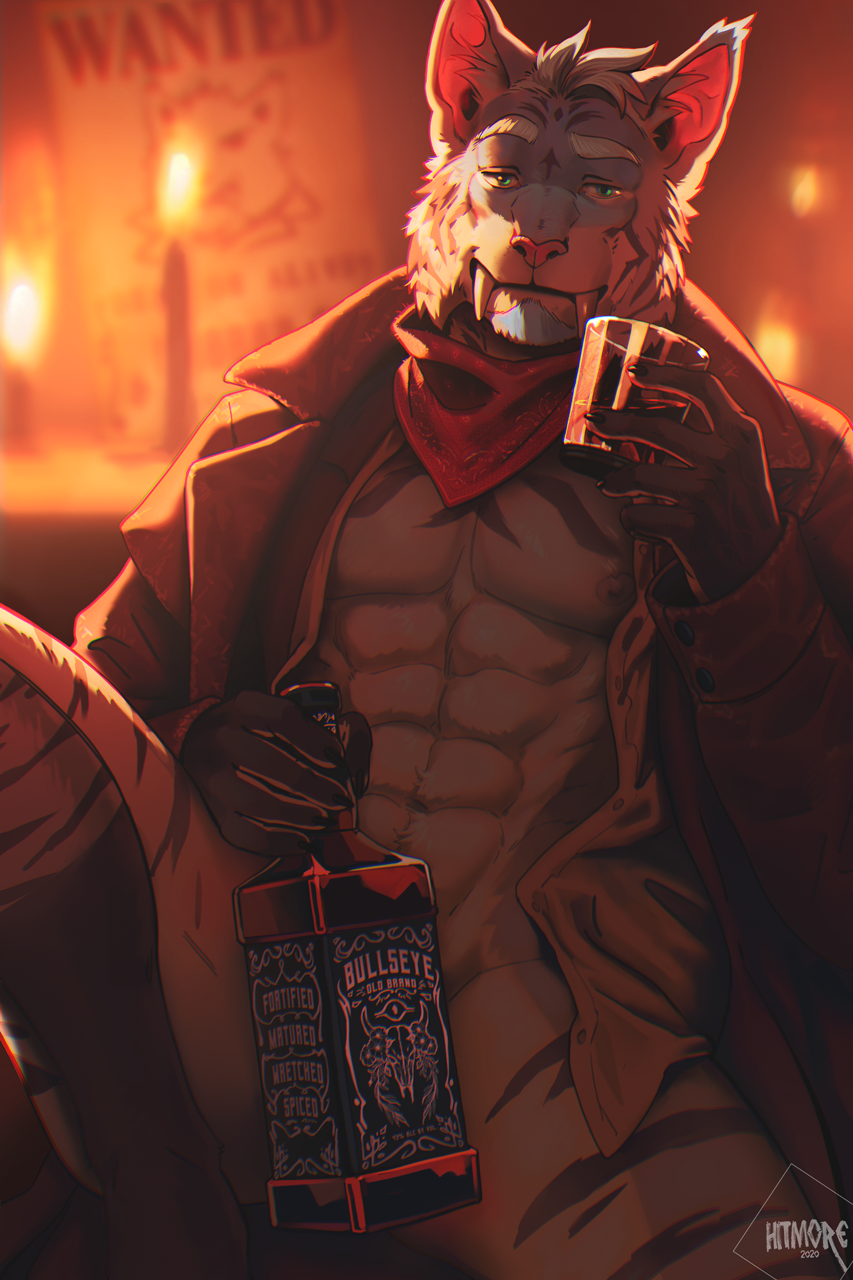 5_fingers abs age_difference anthro bandanna candle clothed clothing convenient_censorship detailed_background digital_media_(artwork) fingers flirting fur hair hi_res hitmore holding_object male mostly_nude muscular muscular_male nipples older_male pink_nose sabertooth_(disambiguation) sitting smile solo stripes teeth