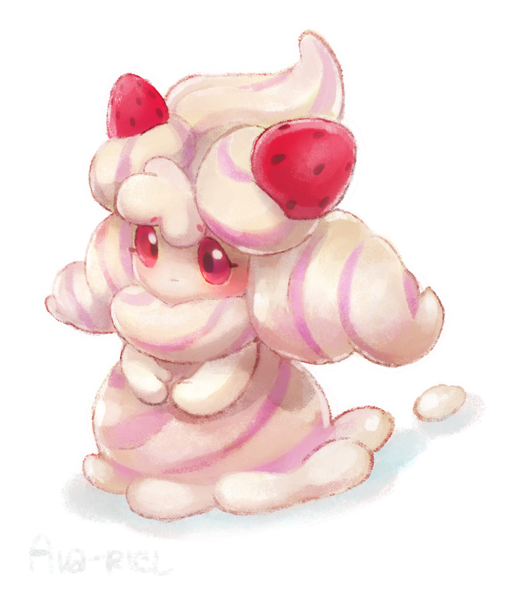 alcremie ava-riel commentary creature english_commentary full_body gen_8_pokemon no_humans pokemon pokemon_(creature) purple_eyes simple_background solo standing white_background