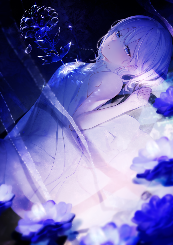 1girl achiki bangs bare_arms bare_shoulders blue_eyes blue_flower blurry blurry_foreground breasts closed_mouth commentary_request depth_of_field dress dutch_angle eyebrows_visible_through_hair flower hair_between_eyes looking_at_viewer lying on_back original petals silver_hair sleeveless sleeveless_dress small_breasts smile solo white_dress