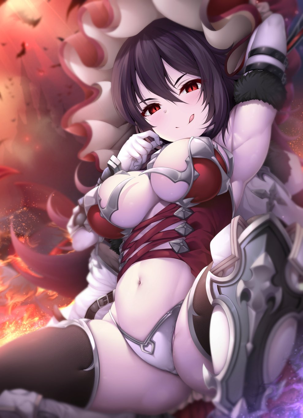 1girl arm_behind_head arm_up armpits ass bangs bare_shoulders black_hair black_legwear blush bonnet breasts cleavage cloak corset elbow_gloves fur-trimmed_cloak fur-trimmed_gloves fur_trim garana gloves highres ilya_ornstein large_breasts licking_lips long_hair looking_at_viewer princess_connect! princess_connect!_re:dive red_eyes slit_pupils smile solo squatting thighhighs thighs tongue tongue_out white_cloak white_gloves