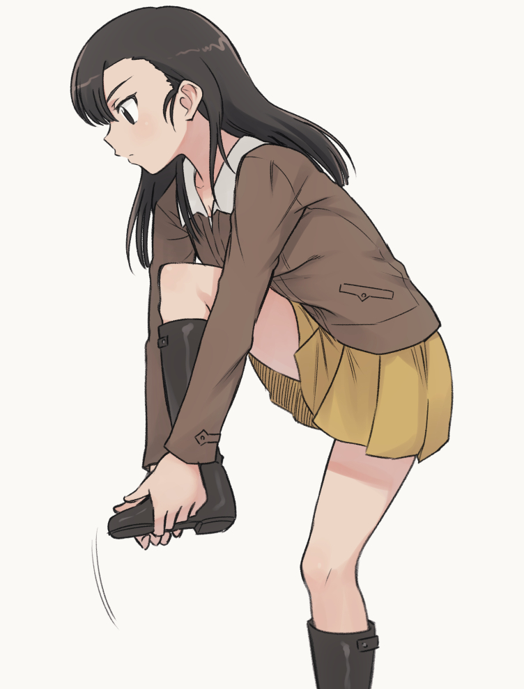 adjusting_footwear boots chi-hatan_military_uniform commentary_request from_side girls_und_panzer knee_boots long_hair meis_(terameisu) nishi_kinuyo pleated_skirt profile skirt