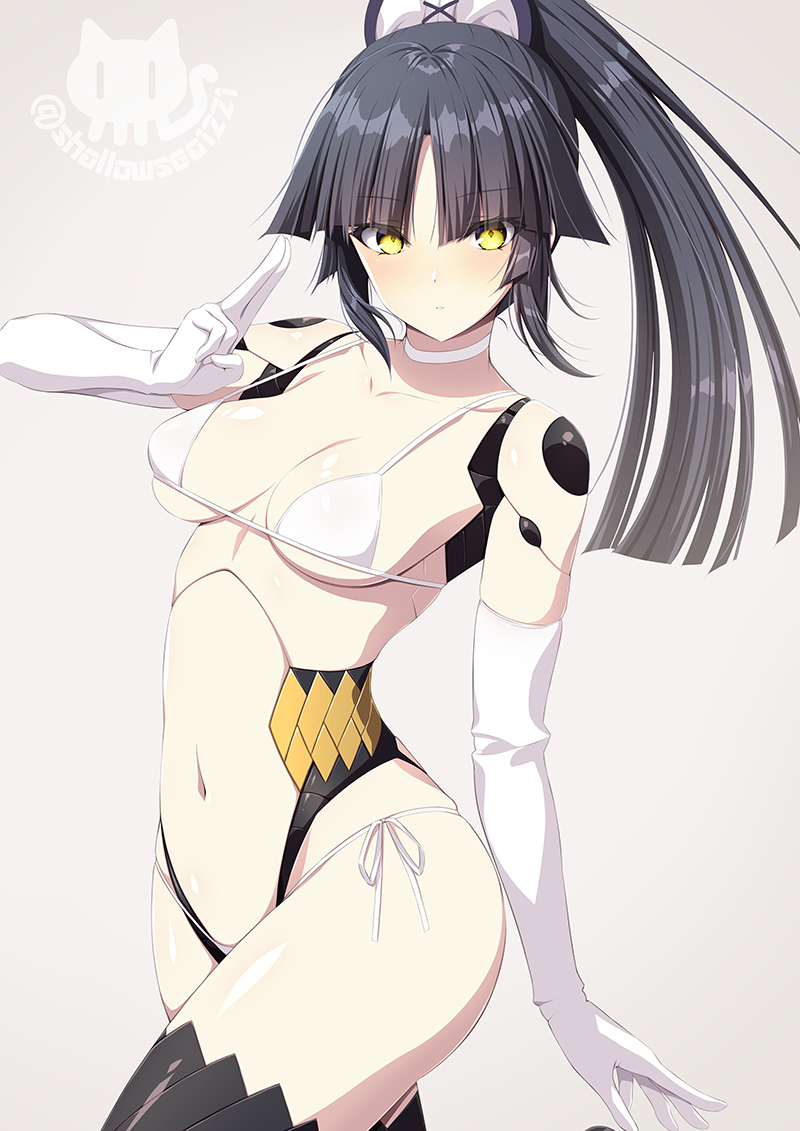 1girl asami_asami bikini black_hair breasts choker elbow_gloves fate/grand_order fate_(series) gloves joints katou_danzou_(fate/grand_order) kuji-in medium_breasts navel ponytail robot_joints side-tie_bikini swimsuit twitter_username white_bikini white_gloves yellow_eyes