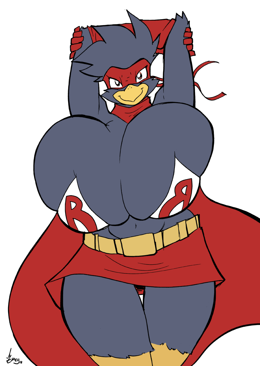 anthro avian big_breasts bird breasts busty_bird clothing corvid corvus_(genus) costume crow female huge_breasts jaeh simple_background solo