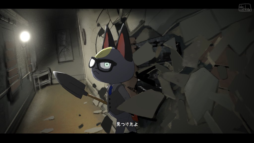 16:9 2020 animal_crossing anthro black_bars blonde_hair clothed clothing detailed_background eyewear felid feline glasses hair inside japanese_text letterbox looking_at_viewer mammal nintendo raymond_(animal_crossing) shovel solo suit teke text tools video_games widescreen