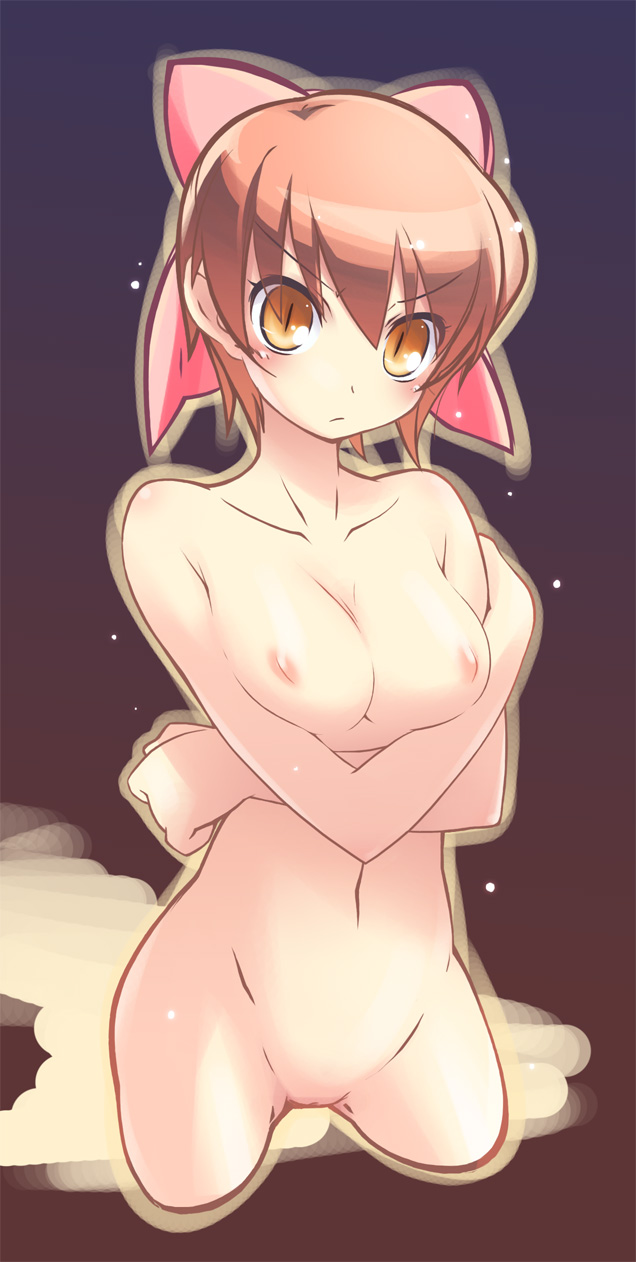 akinoko bow breast_squeeze breasts cowboy_shot cropped_legs gegege_no_kitarou highres medium_breasts nekomusume nekomusume_(gegege_no_kitarou_5) nipples nude orange_eyes pink_bow pussy red_hair slit_pupils solo