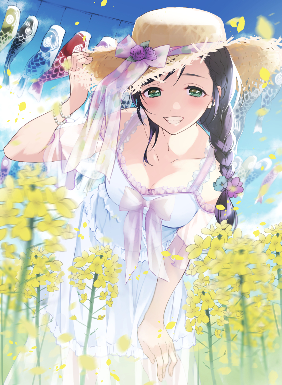 1girl adjusting_clothes adjusting_hat blue_flower bracelet braid collarbone commentary_request day dress flower frills green_eyes grin hair_flower hair_ornament hair_ribbon hat hat_flower highres jewelry kate_iwana kodomo_no_hi koinobori leaning_forward long_hair looking_at_viewer love_live! love_live!_school_idol_project neck_ribbon outdoors pearl_bracelet petals purple_flower purple_hair purple_neckwear purple_ribbon ribbon see-through_sleeves single_braid smile solo straw_hat sun_hat sundress toujou_nozomi white_dress yellow_flower