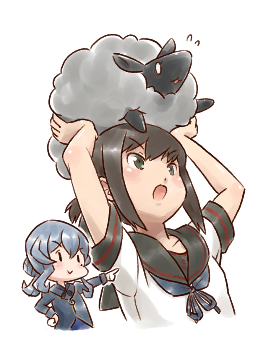 1other 2girls :&gt; :o animal animal_on_head bangs black_hair blue_hair blush chibi commentary_request eyebrows_visible_through_hair fairy_(kantai_collection) flying_sweatdrops fubuki_(kantai_collection) gotland_(kantai_collection) green_eyes hair_bun hand_on_hip holding holding_animal kantai_collection karasu_(naoshow357) long_hair low_ponytail mole mole_under_eye multiple_girls on_head open_mouth pointing ponytail remodel_(kantai_collection) school_uniform serafuku sheep short_ponytail short_sleeves sidelocks simple_background smile upper_body white_background