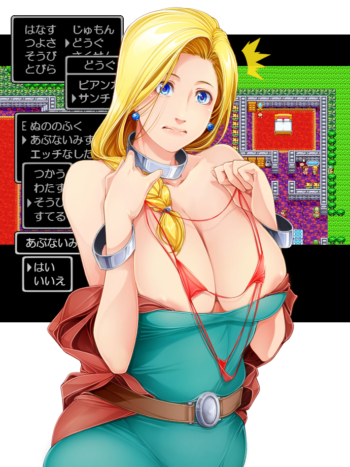 1girl aratama_(a-tama) areolae belt bianca blonde_hair blue_eyes bracelet breasts cape cleavage covered_navel curvy dragon_quest dragon_quest_v earrings fake_screenshot gameplay_mechanics grin jewelry large_breasts long_hair looking_at_viewer mature necklace pixel_art plump revealing_swimsuit_(dq) see-through simple_background smile solo white_background