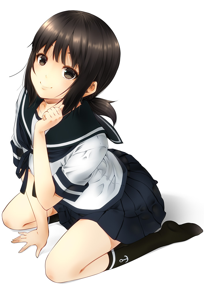 1girl anchor_symbol between_legs brown_eyes brown_hair clenched_hand commentary_request fubuki_(kantai_collection) hand_between_legs hand_up kantai_collection kneeling kouji_(campus_life) long_hair looking_at_viewer low_ponytail school_uniform serafuku short_sleeves sidelocks smile socks solo