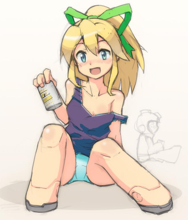 1boy 1girl alcohol beer blonde_hair blue_eyes blush drunk green_ribbon hair_ribbon joints long_hair looking_at_viewer open_mouth panties ponytail ribbon robot_joints rockman rockman_(character) rockman_(classic) roll smile underwear yuusuke_(5yusuke3)