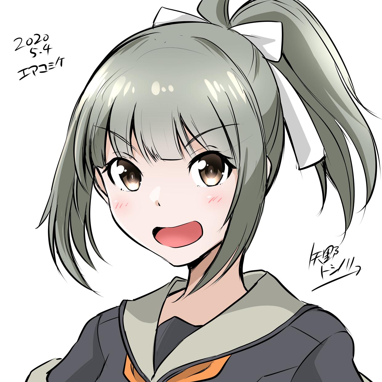 1girl artist_name bangs black_shirt blunt_bangs brown_eyes commentary_request dated grey_hair grey_sailor_collar highres kantai_collection long_hair looking_at_viewer orange_neckwear ponytail remodel_(kantai_collection) sailor_collar shirt simple_background solo upper_body white_background yano_toshinori yuubari_(kantai_collection)