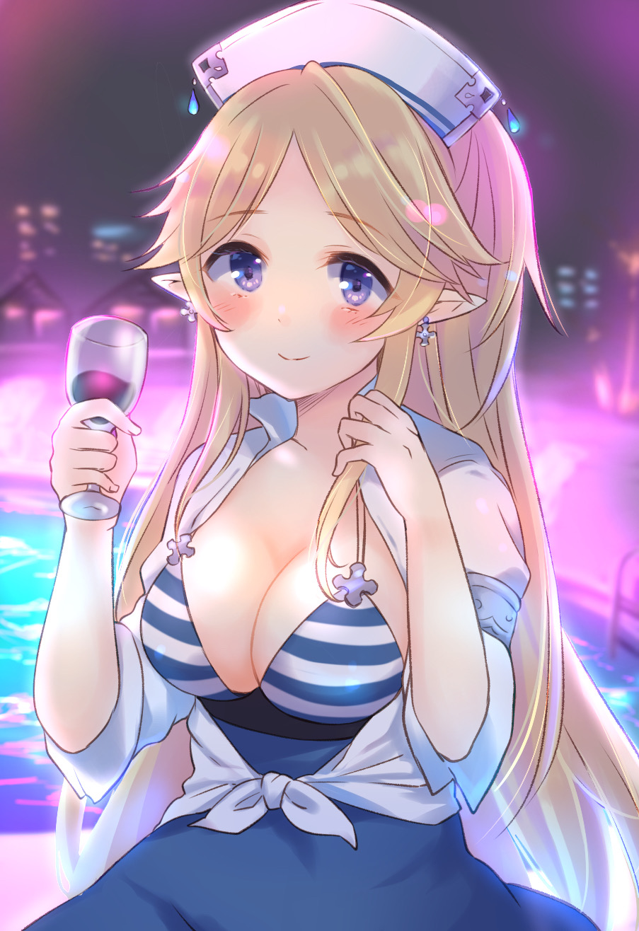 1girl ayase_yukari bangs bikini bikini_top blonde_hair blue_eyes blue_skirt blurry blurry_background blush breasts cleavage closed_mouth commentary_request cross cross_earrings cup depth_of_field drinking_glass earrings eyebrows_visible_through_hair front-tie_top gucchiann hands_up high-waist_skirt highres holding holding_cup jewelry long_hair looking_at_viewer medium_breasts parted_bangs pointy_ears princess_connect! princess_connect!_re:dive shirt short_sleeves skirt smile solo striped striped_bikini swimsuit very_long_hair white_headwear white_shirt wine_glass