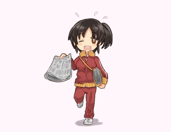 1girl alternate_costume beige_background black_hair brown_eyes commentary_request full_body headband jacket kantai_collection looking_at_viewer nagara_(kantai_collection) newspaper one_eye_closed one_side_up otoufu pants red_jacket red_pants running short_hair simple_background smile solo track_jacket track_pants track_suit