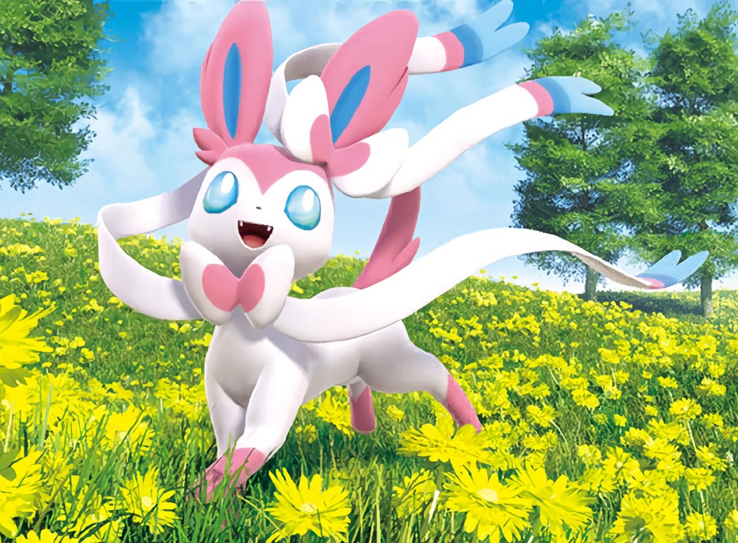 3d 5ban_graphics :d blue_eyes blue_sky cloud cloudy_sky commentary creature day english_commentary flower full_body gen_6_pokemon grass happy looking_at_viewer multiple_sources no_humans official_art open_mouth outdoors pokemon pokemon_(creature) pokemon_trading_card_game sky smile solo sylveon third-party_source tree