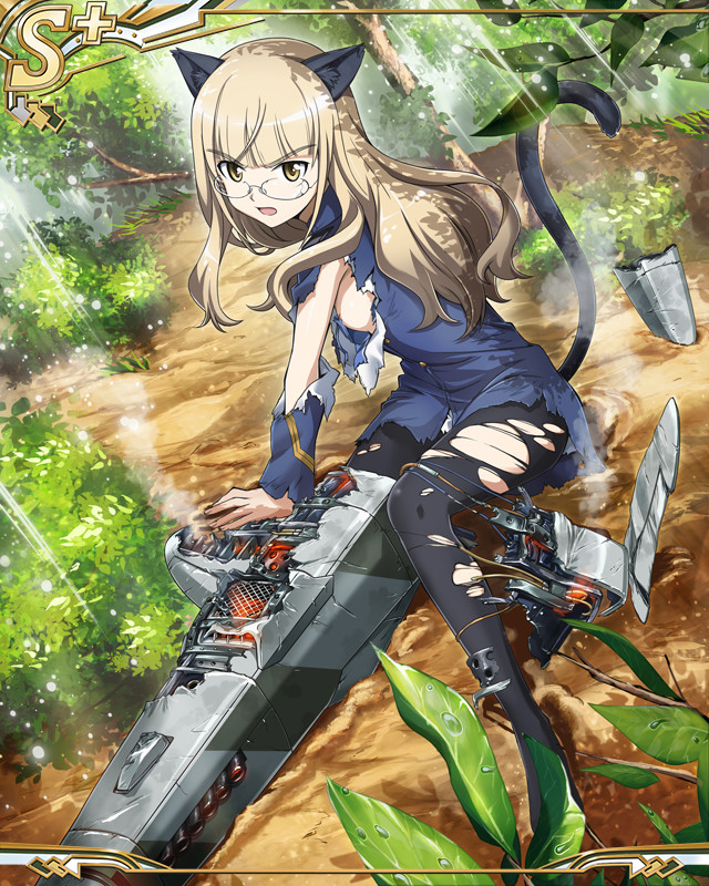 1girl animal_ear_fluff animal_ears artist_request bangs blonde_hair eyebrows_visible_through_hair glasses leaf long_hair official_art open_mouth perrine_h_clostermann solo strike_witches striker_unit tail torn_clothes world_witches_series