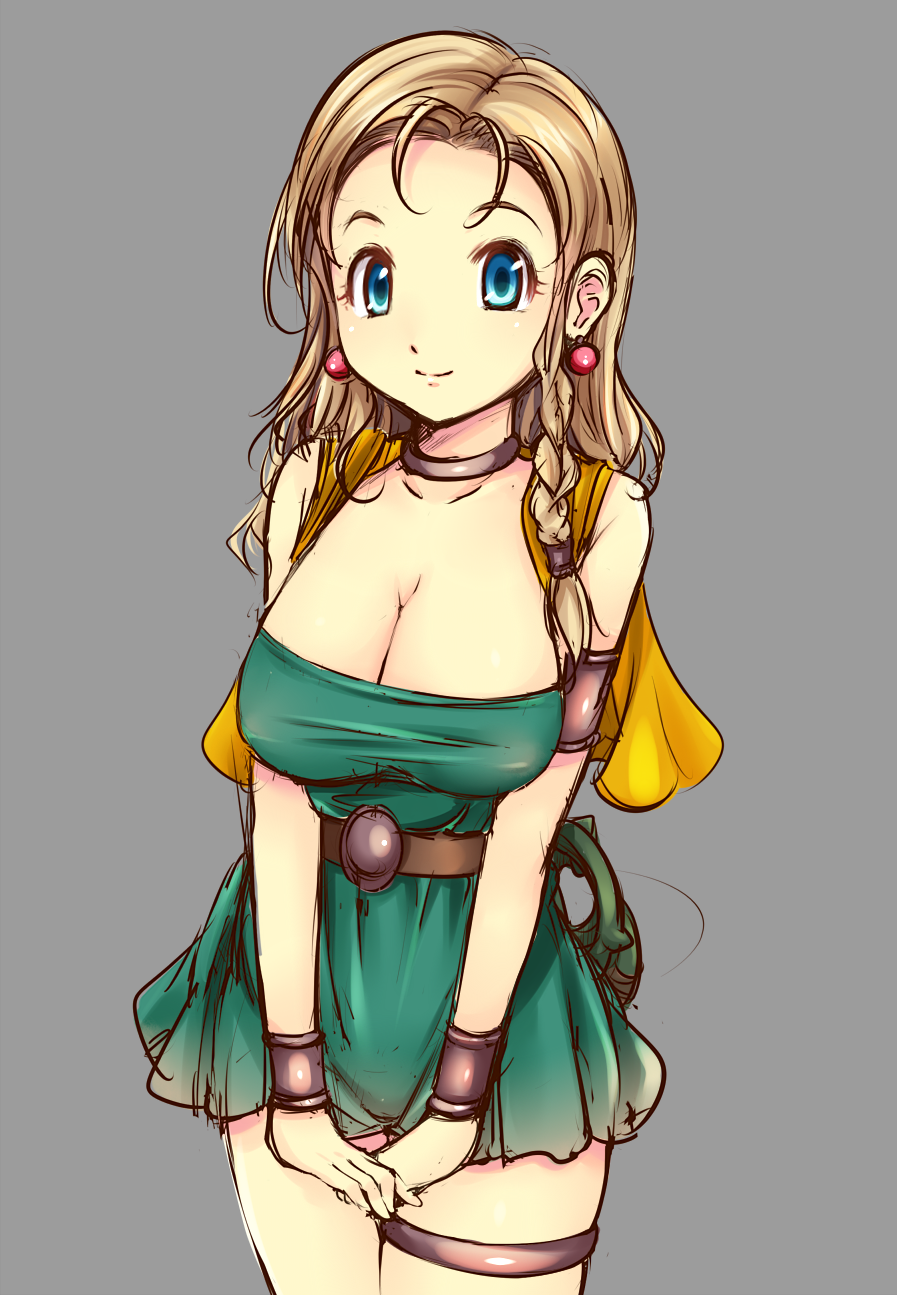 1girl bianca blonde_hair blue_eyes braid breasts cape choker cleavage closed_mouth dragon_quest dragon_quest_v dress earrings highres jewelry katori_(mocchidou) large_breasts long_hair looking_at_viewer simple_background single_braid smile solo thigh_strap