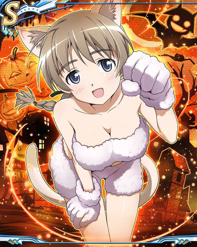 1girl animal_ear_fluff animal_ears artist_request bangs breasts brown_hair cleavage clenched_hand collarbone eyebrows_visible_through_hair jack-o'-lantern looking_at_viewer lynette_bishop official_art open_mouth solo strike_witches world_witches_series