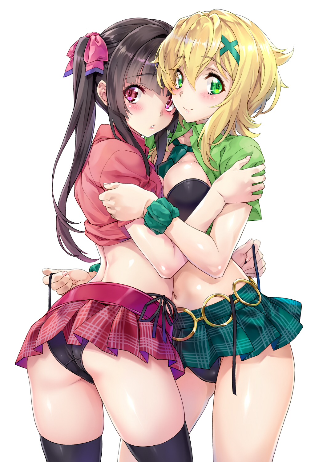 2girls akatsuki_kirika ass bangs bikini bikini_under_clothes black_bikini black_hair black_legwear blonde_hair blunt_bangs blush breasts crop_top from_behind green_eyes hair_ornament highres hug leotard long_hair looking_at_viewer looking_back medium_breasts midriff miniskirt multiple_girls nagayori navel pink_eyes pink_leotard senki_zesshou_symphogear shiny shiny_hair shiny_skin short_hair side-tie_bikini simple_background skirt standing swimsuit thighhighs tsukuyomi_shirabe twintails white_background x_hair_ornament