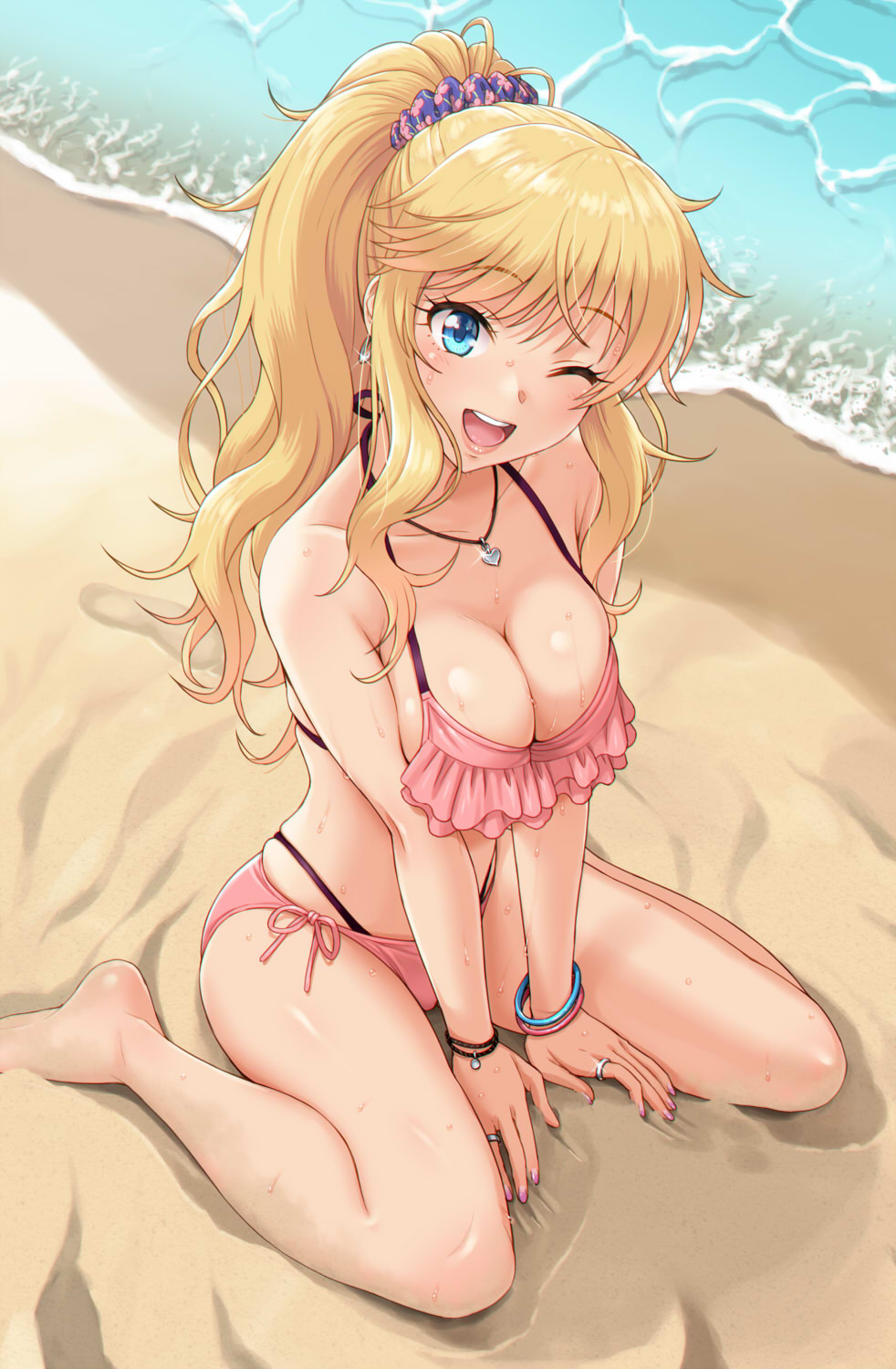 1girl ;d arm_support bangs bare_legs barefoot beach bikini blonde_hair blue_eyes blush bracelet breast_squeeze breasts cleavage collarbone eyebrows_visible_through_hair floral_print frilled_bikini frills from_above halterneck heart heart_necklace high_ponytail highres idolmaster idolmaster_cinderella_girls jewelry layered_bikini long_hair looking_at_viewer medium_breasts nail_polish necklace nigou one_eye_closed ootsuki_yui open_mouth outdoors pink_bikini ring sand scrunchie side-tie_bikini sidelocks sitting skindentation sleeveless smile spread_legs sweat swimsuit upper_teeth water