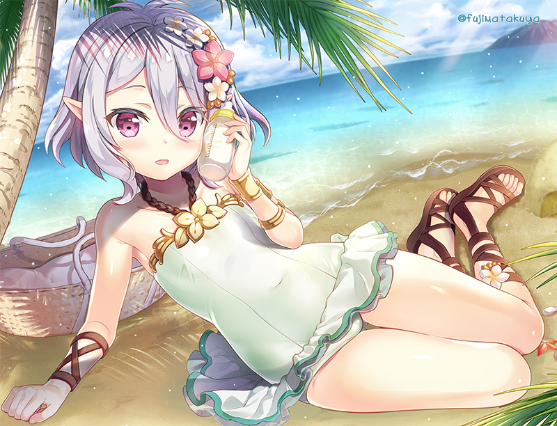 1girl :d ass_visible_through_thighs baby_bottle bangs bare_shoulders beach blush bottle casual_one-piece_swimsuit collarbone covered_navel day elf eyebrows_visible_through_hair flower frilled_swimsuit frills fujima_takuya full_body green_swimsuit hair_between_eyes hair_flower hair_ornament holding holding_bottle horizon kokkoro_(princess_connect!) looking_at_viewer lying ocean on_side one-piece_swimsuit open_mouth outdoors palm_tree pink_eyes pink_flower pointy_ears princess_connect! princess_connect!_re:dive purple_eyes sand shiny shiny_hair shiny_skin short_hair silver_hair sitting sky smile solo swimsuit tree twitter_username water white_flower yokozuwari