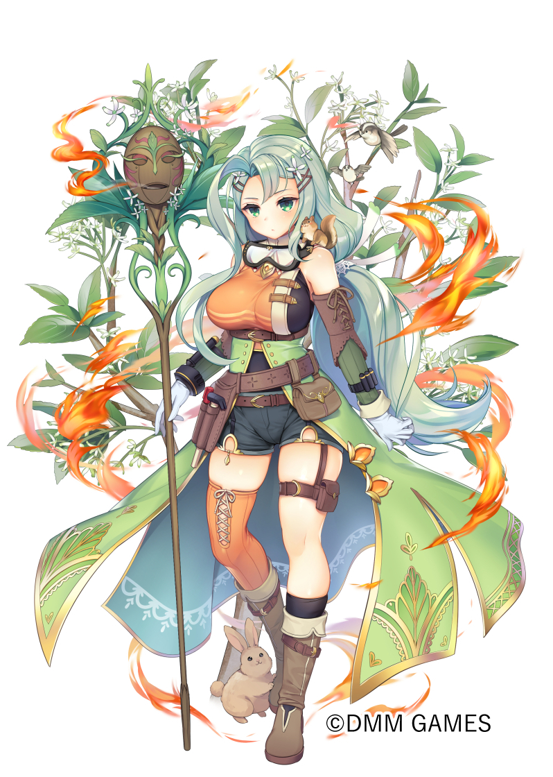 1girl arm_warmers belt bird black_shorts boots breasts brown_footwear bunny closed_mouth company_name enoki_(flower_knight_girl) expressionless flower flower_knight_girl full_body gloves goggles goggles_around_neck green_eyes green_hair hair_flower hair_ornament hairclip holding holding_staff knee_boots large_breasts leaf long_hair looking_at_viewer mg_kurino object_namesake official_art orange_legwear ponytail shorts simple_background single_thighhigh solo staff standing thighhighs white_background white_gloves