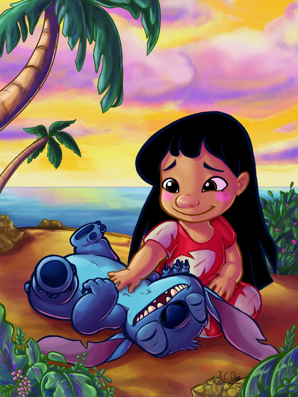 2013 4_fingers 4_toes 5_fingers alien ambiguous_gender beach belly_rub black_hair blue_body blue_claws blue_fur blue_nose blue_pawpads blush brown_eyes child claws clothing detailed_background digital_drawing_(artwork) digital_media_(artwork) disney duo experiment_(lilo_and_stitch) eyebrows female fingers fur hair happy head_tuft hi_res human kcday kneeling lilo_and_stitch lilo_pelekai long_hair lying male_(lore) mammal muumuu notched_ear on_back open_mouth open_smile outside palm_tree pawpads raised_inner_eyebrows red_clothing seaside small_tail smile stitch_(lilo_and_stitch) toes tree tuft young