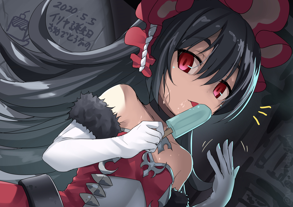 1girl bangs bare_shoulders black_hair bonnet breasts collarbone dated dress elbow_gloves food fur-trimmed_gloves fur_trim gloves hair_between_eyes ilya_ornstein licking long_hair looking_at_viewer popsicle princess_connect! princess_connect!_re:dive red_dress red_eyes small_breasts solo tongue tongue_out umarutsufuri white_gloves