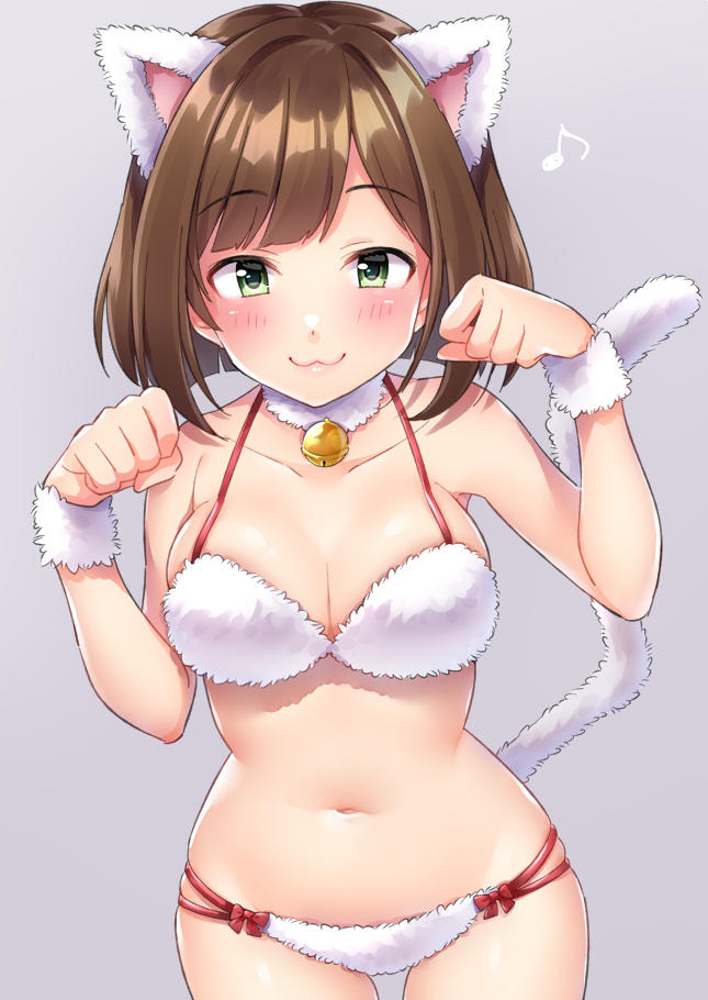 1girl animal_ears bangs bikini breasts brown_hair cat_ears cat_tail collarbone commentary_request fur_bikini green_eyes grey_background idolmaster idolmaster_cinderella_girls large_breasts looking_at_viewer maekawa_miku mio_(mgr300) navel neck_bell paw_pose short_hair skindentation solo swimsuit tail white_bikini wristband