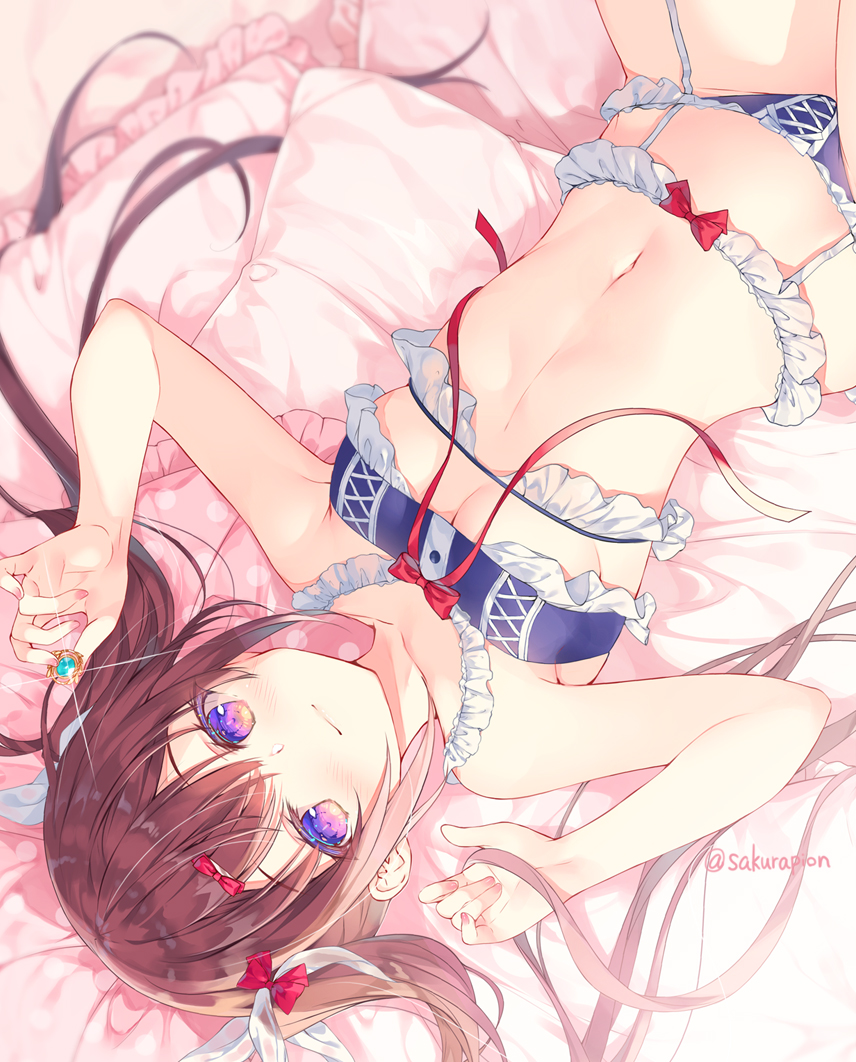 1girl armpits bare_arms bare_shoulders blue_bra blue_panties blurry bow bra breasts brown_hair collarbone depth_of_field frilled_bra frilled_panties frills garter_belt garter_straps glint hair_bow hands_up holding lingerie long_hair looking_at_viewer lying medium_breasts miwabe_sakura navel on_back original panties pillow purple_eyes red_bow smile solo stomach twintails underwear underwear_only upside-down