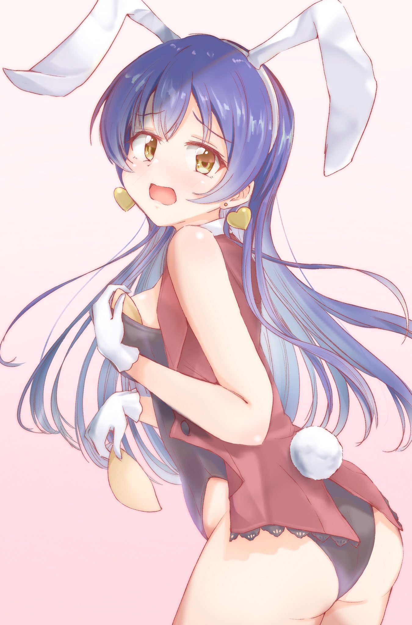 1girl animal_ears ass bangs blue_hair blush breast_padding bunny_ears bunny_tail bunnysuit commentary_request earrings embarrassed from_behind gloves hair_between_eyes heart heart_earrings highres jewelry korekara_no_someday long_hair looking_at_viewer looking_back love_live! love_live!_school_idol_project omoi_seiji pads raised_eyebrows simple_background solo sonoda_umi tail wavy_mouth white_gloves yellow_eyes