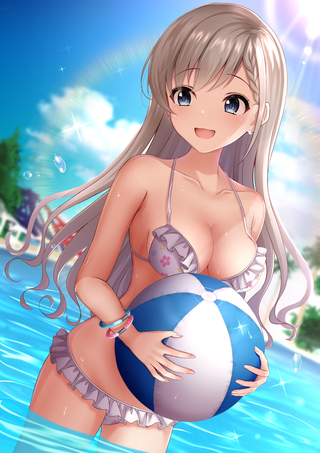 1girl ball bangs bare_shoulders beachball bikini blue_eyes blue_sky blurry blurry_background blush braid braided_bangs breasts cleavage cloud collarbone commentary_request day eyebrows_visible_through_hair floral_print frills grey_bikini highres hisakawa_hayate holding idolmaster idolmaster_cinderella_girls in_water karu_(qqqtyann) large_breasts long_hair looking_to_the_side open_mouth outdoors sky smile solo swimsuit