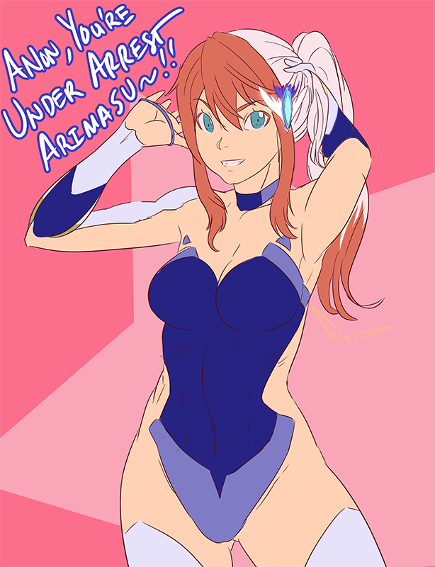1girl artist_request birdy_cephon_altirra blue_eyes blue_leotard breasts cleavage covered_navel elbow_gloves gloves impossible_clothes leotard long_hair looking_at_viewer multicolored_hair red_hair smile solo standing tetsuwan_birdy tetsuwan_birdy_decode two-tone_hair white_hair