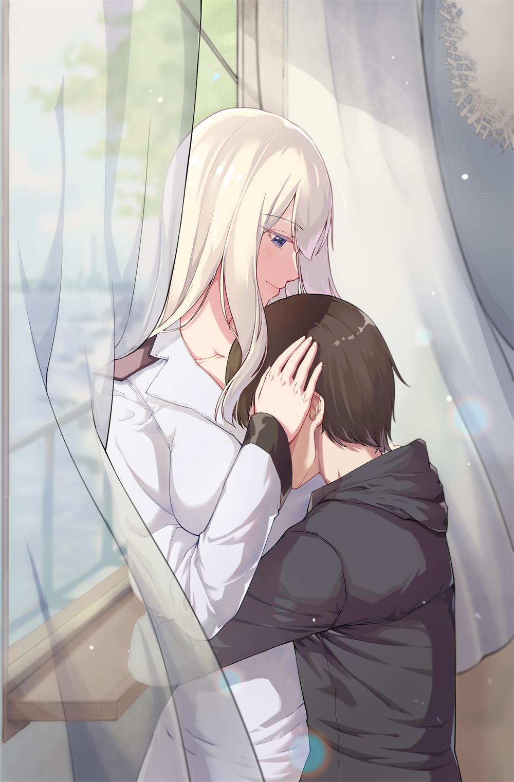 1boy 1girl between_breasts black_hoodie blue_eyes breast_smother breasts brown_hair collarbone curtains hand_on_another's_head head_between_breasts head_on_chest highres indoors jacket large_breasts lexington_(warship_girls_r) long_sleeves platinum_blonde_hair smile standing warship_girls_r white_jacket window xiao_shei..
