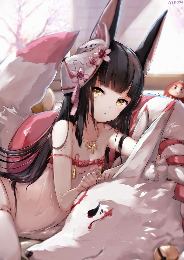 1girl animal_ear_fluff animal_ears azur_lane bangs bare_shoulders black_hair blush breasts brown_eyes cherry_blossoms daruma_doll dyolf eyebrows_visible_through_hair fox fox_ears fox_girl fox_mask hair_between_eyes hair_ornament jewelry long_hair looking_at_viewer lying mask mask_on_head nagato_(azur_lane) nagato_(great_fox's_sleepwear)_(azur_lane) navel necklace on_side panties ribbon-trimmed_legwear ribbon_trim solo thighhighs underwear very_long_hair white_legwear yellow_eyes