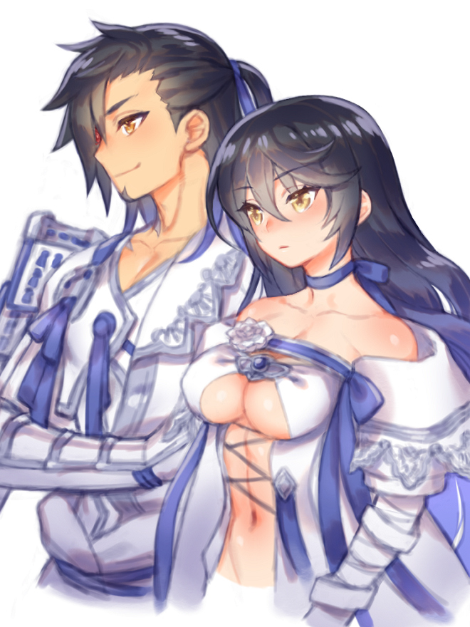1boy 1girl alternate_color bandaged_arm bandages bangs bear black_hair blue_ribbon blush breasts choker cleavage closed_mouth collarbone eyebrows_visible_through_hair folks_(nabokof) groin hair_between_eyes hair_ribbon heterochromia husband_and_wife limited_palette long_hair medium_breasts navel ponytail red_eyes ribbon ribbon_choker rokurou_rangetsu shiny shiny_hair shiny_skin simple_background smile tales_of_(series) tales_of_berseria velvet_crowe wedding white_background yellow_eyes