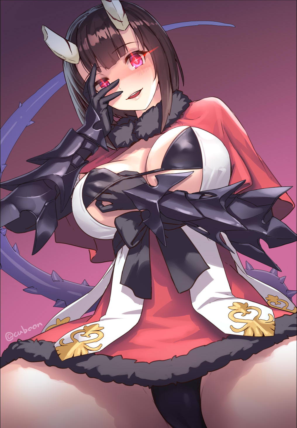 +_+ 1girl artist_name bangs black_bow blush bow bra breasts broken_horn brown_hair capelet commentary cuboon dress eyebrows_visible_through_hair fur-trimmed_capelet fur-trimmed_skirt fur_trim gloves hand_on_own_chest hand_on_own_face highres horns kuraishi_eriko large_breasts open_clothes open_mouth panties princess_connect! princess_connect!_re:dive purple_background purple_eyes red_capelet red_dress shirt short_hair skirt solo spiked_tail spread_legs tail teeth twitter_username underwear white_shirt