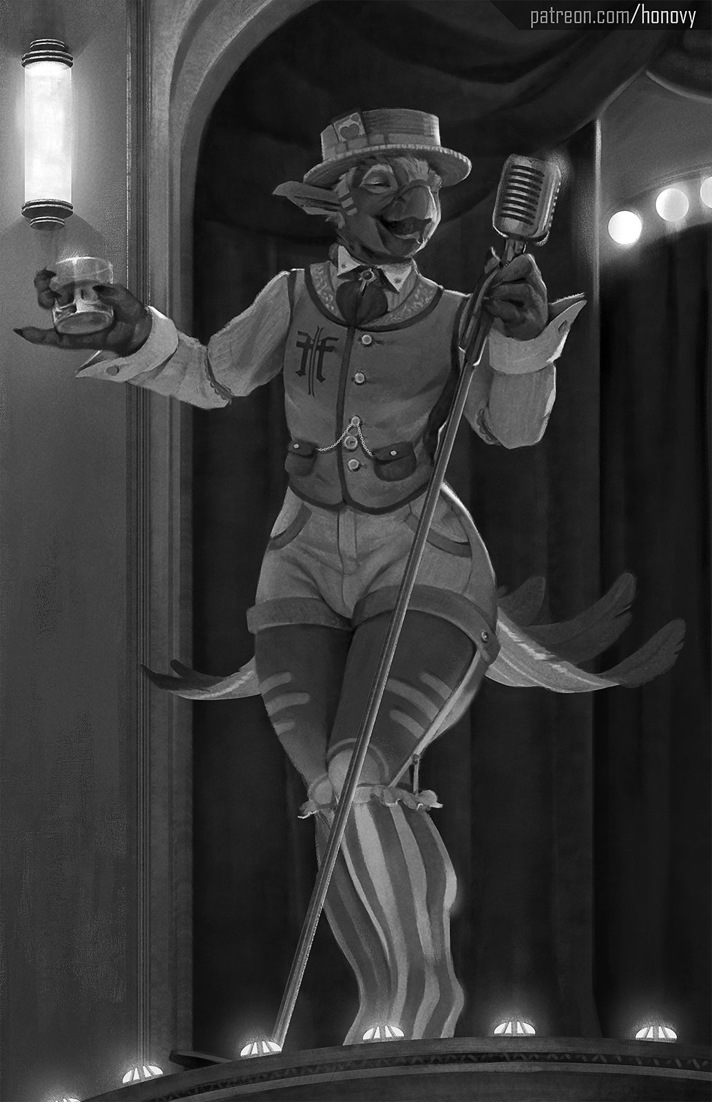 4_fingers anthro avian beak bird claws clothed clothing detailed_background digital_media_(artwork) eyes_closed feathers fingers greyscale hat headgear headwear hi_res holding_object honovy inside male microphone monochrome open_mouth singing solo stage standing text tongue url